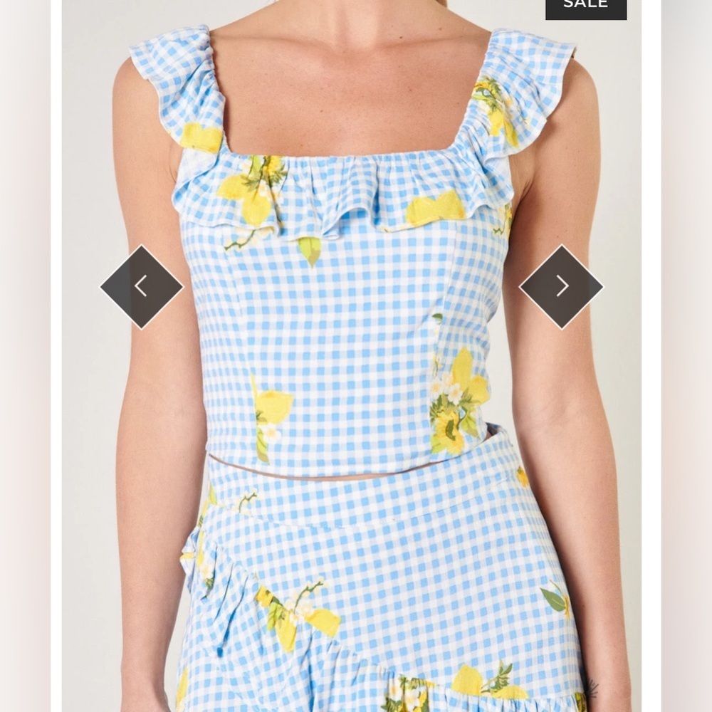Sugarlips Citrus Picnic Gingham Izzy Crop Top Blue Yellow  Sunflower- Size Small